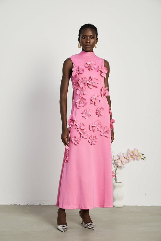 Lola Pink Maxi Dress with Faux-Flower Embellishment and Bow-Tie Neckline