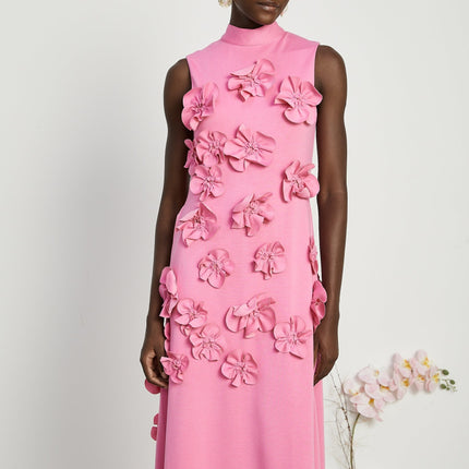 Lola Pink Maxi Dress with Faux-Flower Embellishment and Bow-Tie Neckline