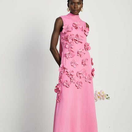 Lola Pink Maxi Dress Faux-Flower Embellishment Bow-Tie Neckline Flounce Hem Side Pockets Cotton Terylene Spandex Comfortable Flattering Fit
