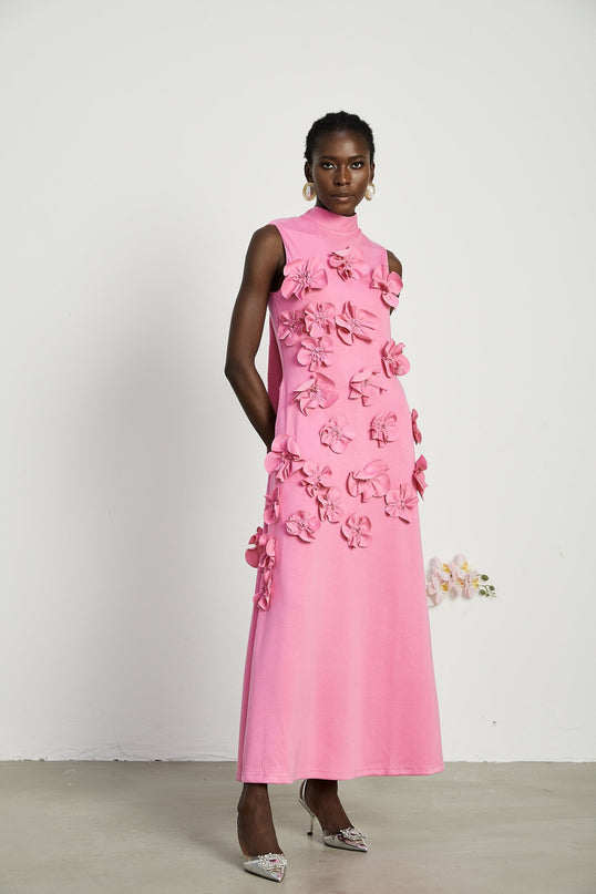 Lola Pink Maxi Dress Faux-Flower Embellishment Bow-Tie Neckline Flounce Hem Side Pockets Cotton Terylene Spandex Comfortable Flattering Fit