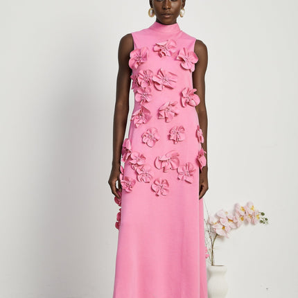 Lola Pink Maxi Dress with Faux-Flower Embellishment and Bow-Tie Neckline
