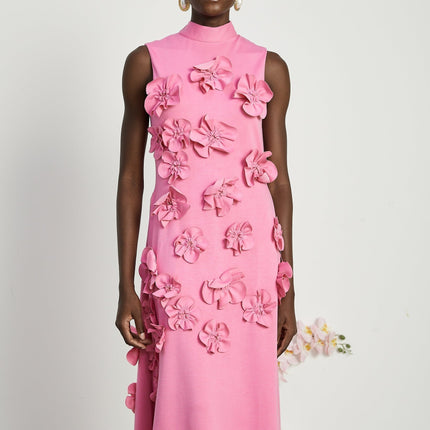 Lola Pink Maxi Dress with Faux-Flower Embellishment and Bow-Tie Neckline