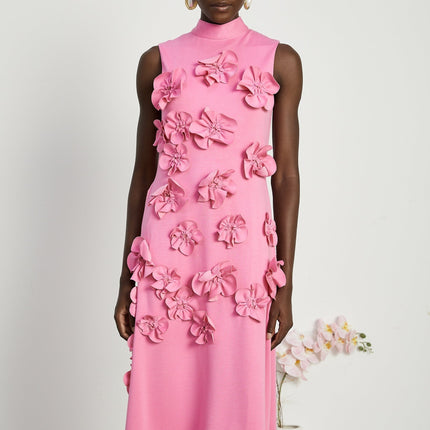 Lola Pink Maxi Dress with Faux-Flower Embellishment and Bow-Tie Neckline