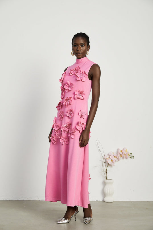 Lola Pink Maxi Dress with Faux-Flower Embellishment and Bow-Tie Neckline