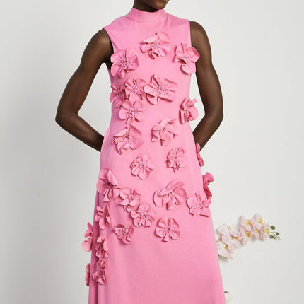 Lola Pink Maxi Dress with Faux-Flower Embellishment and Bow-Tie Neckline
