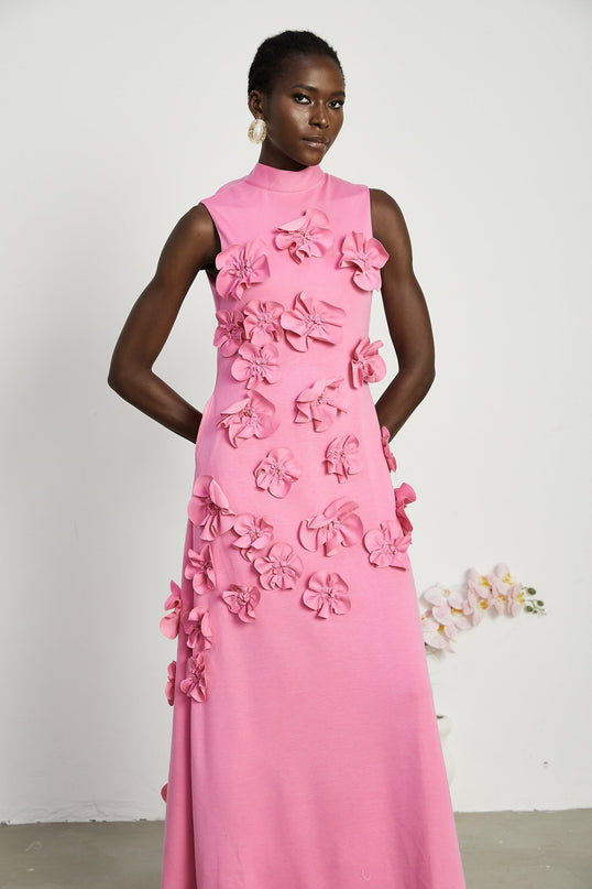 Lola Pink Maxi Dress with Faux-Flower Embellishment and Bow-Tie Neckline