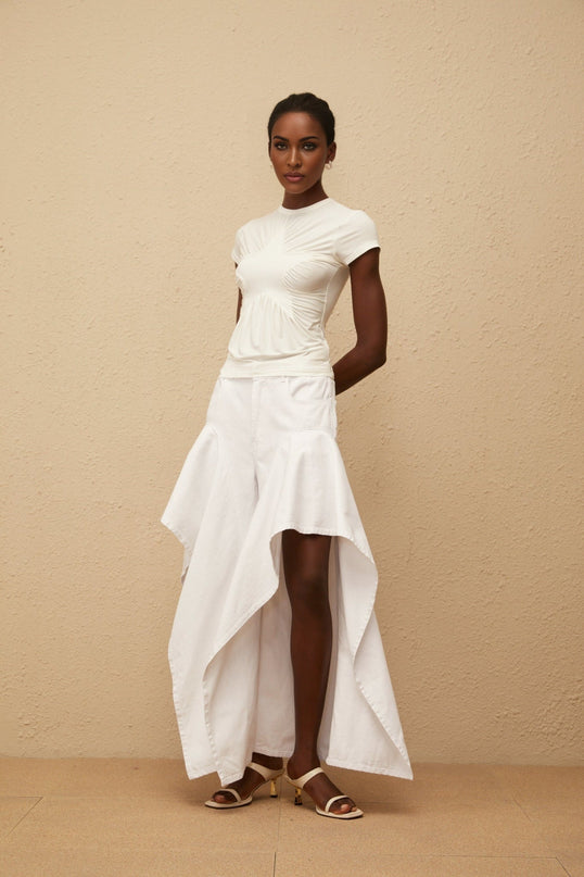 Lola Shirt White Star Pattern Ruched Detailing Modal Silk Spandex Stretch Design Elegant Versatile Timeless