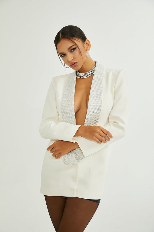 Lola White Crystal Embellished V-neck Thigh-Length Coat