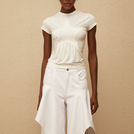 Lola White Star Pattern Ruched Shirt Modal Silk Spandex Stretch Design