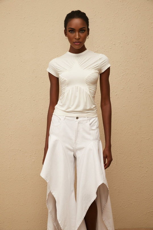 Lola White Star Pattern Ruched Shirt Modal Silk Spandex Stretch Design
