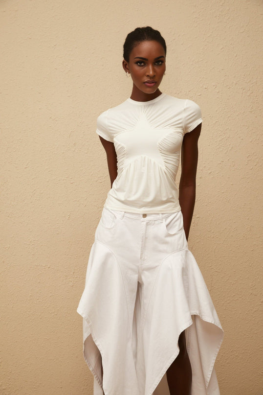 Lola White Star Pattern Ruched Shirt Modal Silk Spandex