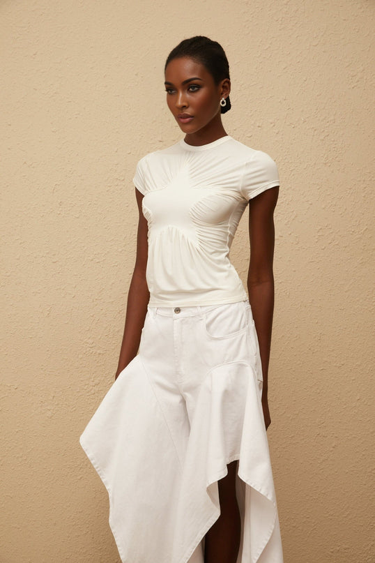 Lola White Star Pattern Ruched Shirt Modal Silk Spandex