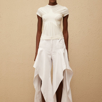 Lola White Star Patterned Shirt with Cap Sleeves and Ruched Detailing