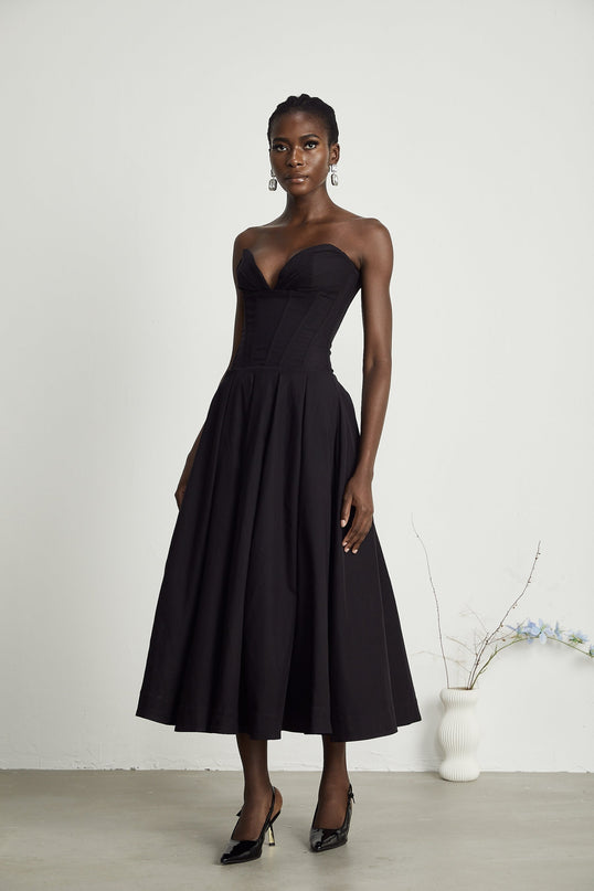 London Black Corset Style Midi Dress with Pleated Detailing and Side Pockets