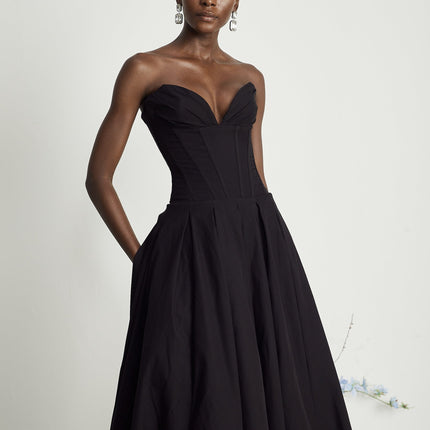 London Black Corset Style Off-Shoulder Midi Dress with Pleated Detailing and Inset Pockets