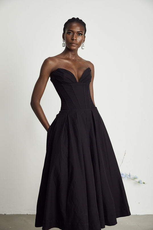 London Black Corset Style Off-Shoulder Midi Dress with Pleated Detailing and Inset Pockets