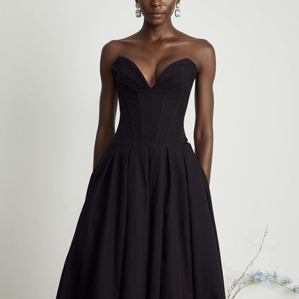 London Black Corset Style Off-Shoulder Midi Dress with Pleated Detailing and Side Pockets