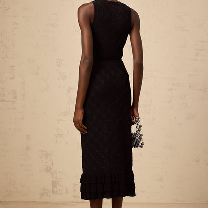 London Black Crochet-Knit Ruffle Top Skirt Set