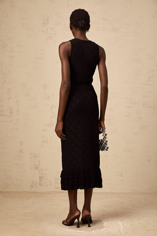 London Black Crochet-Knit Ruffle Top Skirt Set