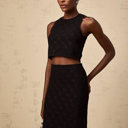 London Black Crochet-Knit Top and Skirt Set with Ruffle Accents and Elasticated Waistband