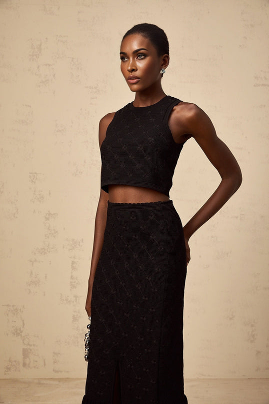 London Black Crochet-Knit Top and Skirt Set with Ruffle Accents and Elasticated Waistband