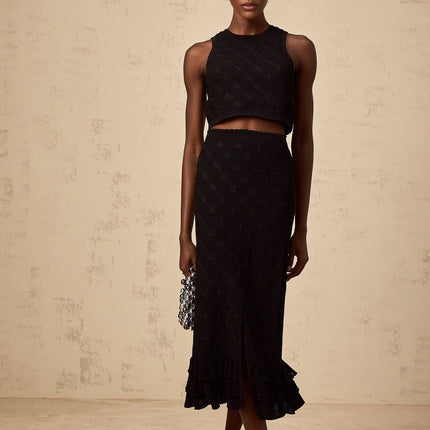 London Black Crochet-Knit Top and Skirt Set with Ruffle Accents and Elasticated Waistband