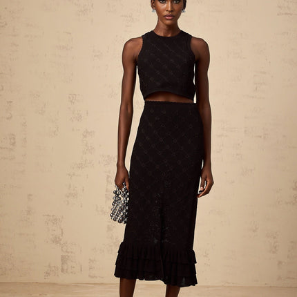 London Black Crochet Knit Top Skirt Set Ruffle Accents
