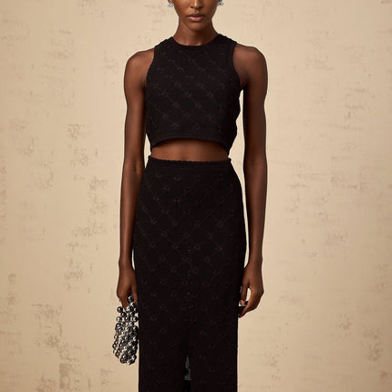 London Black Crochet Knit Top and Skirt Set