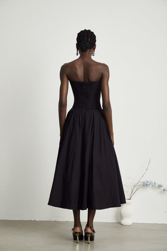 London Black Midi Dress with Corset Style Bodice and Pleated Detailing