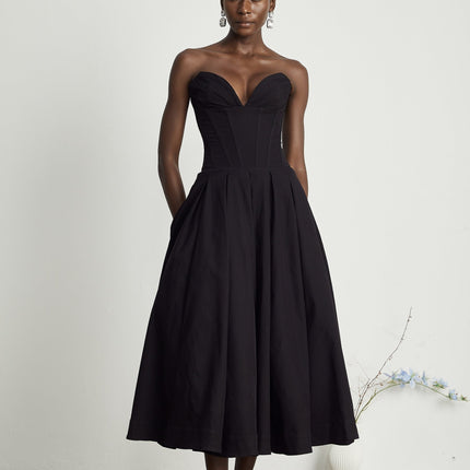 London Black Midi Dress with Corset Bodice and Pleated Detailing