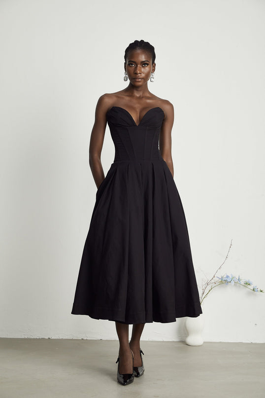 London Black Midi Dress with Corset Bodice and Pleated Detailing