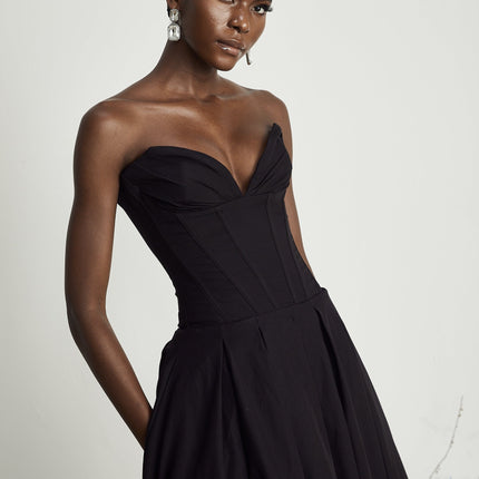 London Black Off-Shoulder Corset Style Midi Dress with Pleated Detailing and Side Pockets