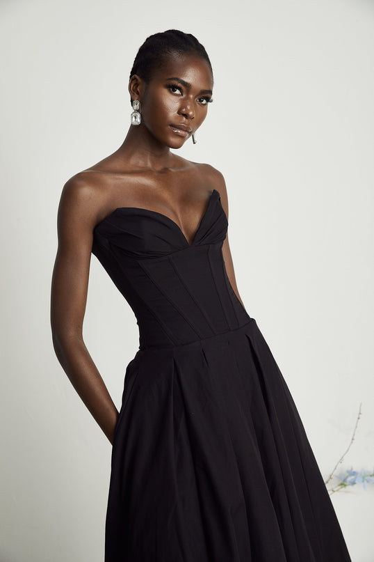 London Black Off-Shoulder Corset Style Midi Dress with Pleated Detailing and Side Pockets