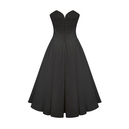 London Black Midi Dress with Corset Style Bodice and Pleated Detailing