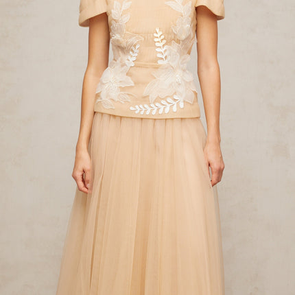 London Floral Appliqué Midi Dress in Neutrals