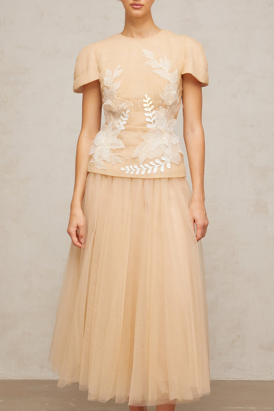 London Floral Appliqué Midi Dress in Neutrals