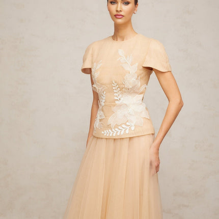 London Floral Appliqué Midi Dress in Neutrals