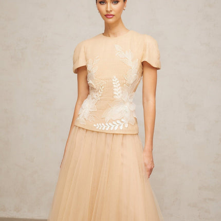 London Floral Appliqué Midi Dress in Neutrals