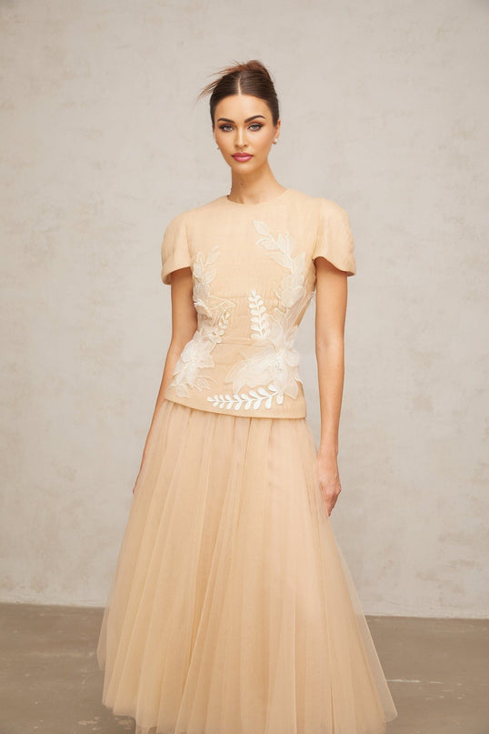 London Floral Appliqué Midi Dress in Neutrals