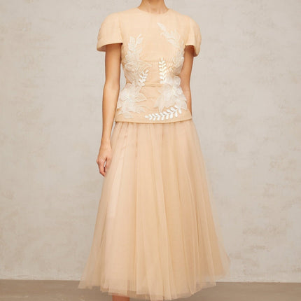 London Floral Appliqué Midi Dress in Neutrals