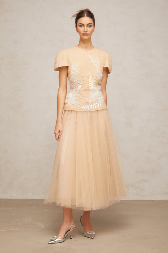 London Floral Appliqué Midi Dress in Neutrals