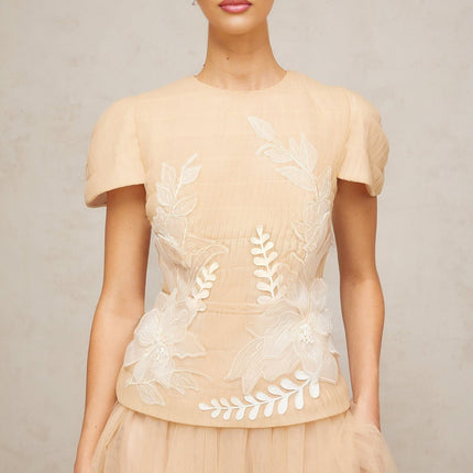 London Floral Appliqué Midi Dress in Neutrals