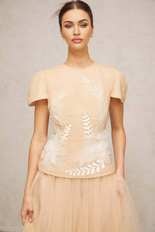 London Floral Appliqué Midi Dress in Neutrals