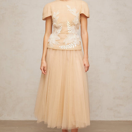 London Floral Appliqué Midi Dress in Neutrals