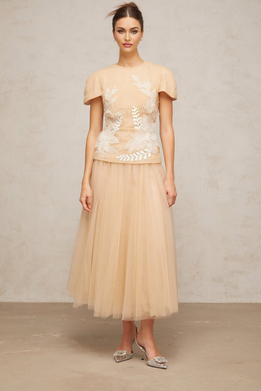 London Floral Appliqué Midi Dress in Neutrals