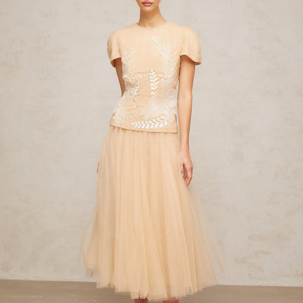 London Floral Appliqué Midi Dress in Neutrals