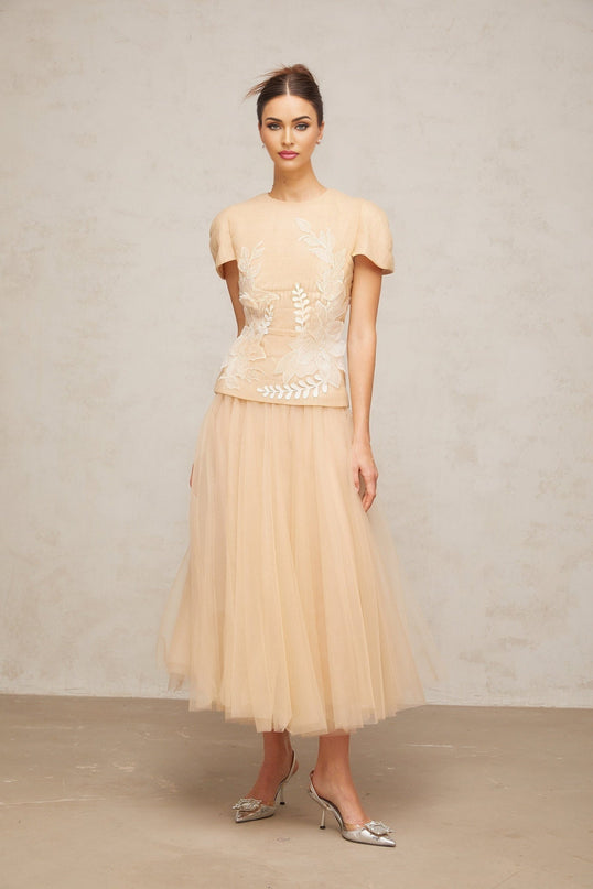 London Floral Appliqué Midi Dress in Neutrals