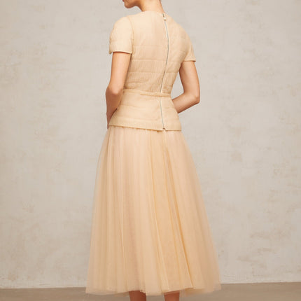 London Floral Appliqué Midi Dress in Neutrals