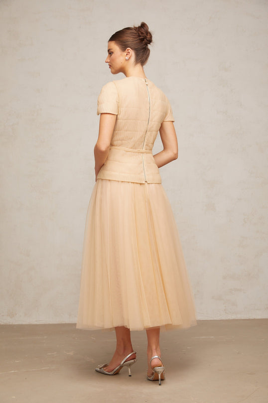 London Floral Appliqué Midi Dress in Neutrals