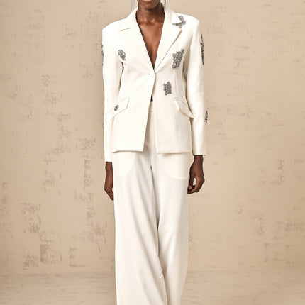 London White Crystal Embellished Blazer Trousers Matching Set